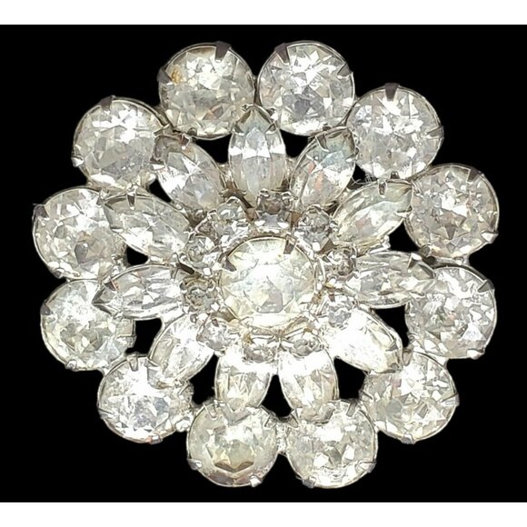Weiss Jewelry - VTG WEISS Brooch Pin Clear Rhinestone Domed Layers Round Marquise Silver Tone